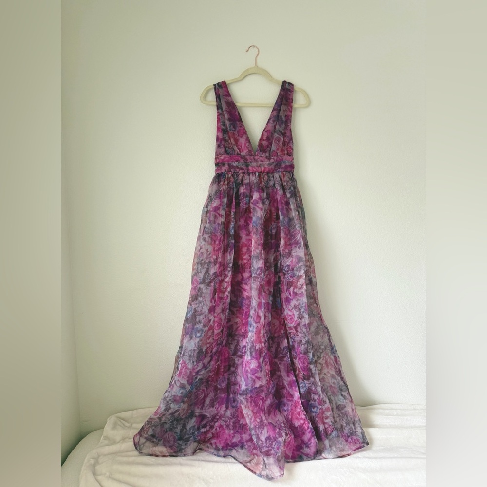 💜 Lulus Garden Romance Magenta Floral Print Organza Maxi Dress
